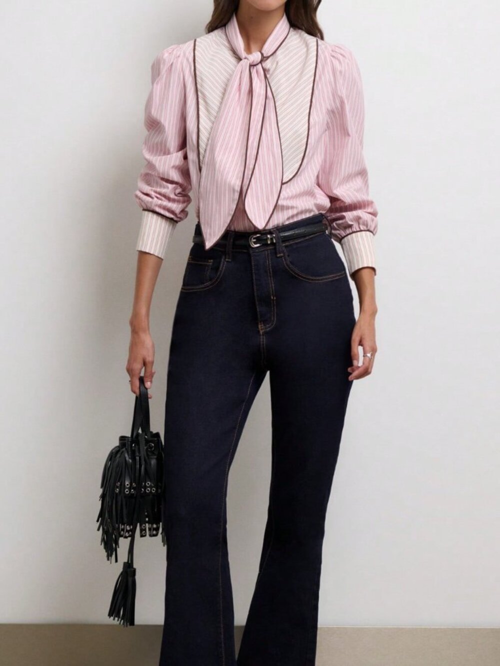 Pink Elegant Women's Regular Fit Pinstripe Tie-Neck Bishop Sleeve Shirt